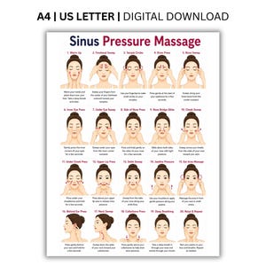 Op de afbeelding: Een digitale downloadkaart getiteld Sinus Pressure Massage met twintig genummerde illustraties van een persoon die gezichtsmassagetechnieken demonstreert. De tekst bevat A4 | US LETTER | DIGITAL DOWNLOAD en stapsgewijze instructies.