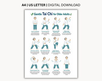Può includere: Un poster digitale intitolato Gentle Tai Chi for Older Adults che mostra dodici passaggi illustrati di movimenti di Tai Chi. Ogni fase mostra una persona con camicia bianca e pantaloni verde acqua che esegue una posa con testo descrittivo.