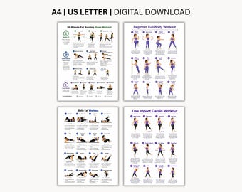 Może przedstawiać: Zestaw czterech cyfrowych plakatów treningowych zatytułowanych 30-Minute Fat Burning Home Workout, Beginner Full Body Workout, Belly Fat Workout oraz Low Impact Cardio Workout. Każdy plakat zawiera numerowane ilustracje ćwiczeń z opisami.