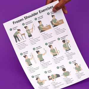 K&ouml;nnte beinhalten: Ein wei&szlig;es Anleitungsblatt mit dem Titel Frozen Shoulder Exercises, das zw&ouml;lf nummerierte Illustrationen einer Person in einem gr&uuml;nen T-Shirt zeigt, die verschiedene physiotherapeutische &Uuml;bungen mit beschreibendem Text ausf&uuml;hrt.