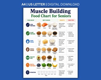Puede incluir: Una tabla digital titulada Muscle Building Food Chart for Seniors, disponible en tamaños A4 y US Letter. La tabla organiza grupos de alimentos como proteínas, lácteos, granos y vegetales con iconos y consejos diarios de nutrición.