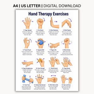 May include: A digital download chart titled Hand Therapy Exercises featuring sixteen numbered illustrations of hands performing various movements. The text A4 | US LETTER | DIGITAL DOWNLOAD appears at the top, followed by instructions for each exercise.