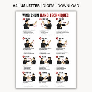 Może przedstawiać: Cyfrowy plakat zatytułowany WING CHUN HAND TECHNIQUES zawierający dwanaście ponumerowanych ilustracji ruchów sztuk walki. Każda sekcja przedstawia osobę w czarnym stroju wykonującą określone techniki ręczne wraz z opisowym tekstem.