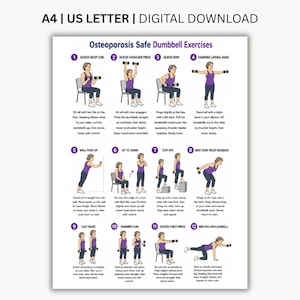 May include: A digital download chart titled Osteoporosis Safe Dumbbell Exercises, featuring twelve numbered illustrations of a person in a purple tank top performing various strength training movements with dumbbells, including text instructions for each.