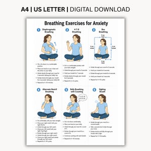 May include: A digital download document titled Breathing Exercises for Anxiety, featuring six numbered illustrations of a person demonstrating techniques including diaphragmatic, 4-7-8, box, alternate nostril, belly, and sighing breathing methods.