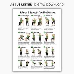 May include: A digital workout chart titled Balance & Strength Dumbbell Workout featuring twelve numbered illustrations of a person in a green shirt and grey pants performing various dumbbell exercises with descriptive text instructions below each.