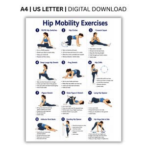 Könnte beinhalten: Ein digitales Poster mit dem Titel Hip Mobility Exercises, das zwölf nummerierte Illustrationen einer Person in blauer Sportkleidung zeigt, die verschiedene Dehnübungen und Bewegungen mit Anleitungstext auf weißem Grund ausführt.