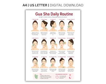 Może przedstawiać: Cyfrowy plakat do pobrania zatytułowany Gua Sha Daily Routine, zawierający piętnaście numerowanych ilustracji technik masażu twarzy przy użyciu zielonego narzędzia. Tekst zawiera instrukcje dotyczące przygotowania skóry, szyi, szczęki i skroni.