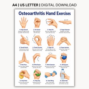 Osteoarthritis Hand Exercises Printable PDF, 16 Hand Therapy Exercises, Finger Mobility Grip Strength and Joint Flexibility Chart