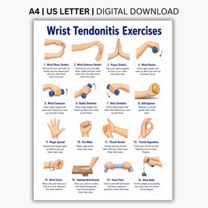 以下が含まれることがあります： Wrist Tendonitis Exercisesと題されたデジタルポスター。手首の腱鞘炎のための16種類の運動が番号付きのイラストで描かれており、ストレッチ、ボール握り、手首の回転などの動作と、それぞれの説明文が記載されています。