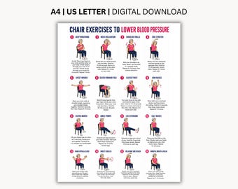 Może przedstawiać: Cyfrowy plakat zatytułowany CHAIR EXERCISES TO LOWER BLOOD PRESSURE, zawierający szesnaście numerowanych ilustracji osoby w różowej koszuli i niebieskich spodniach wykonującej ćwiczenia na siedząco wraz z instrukcjami tekstowymi dla każdego ruchu.