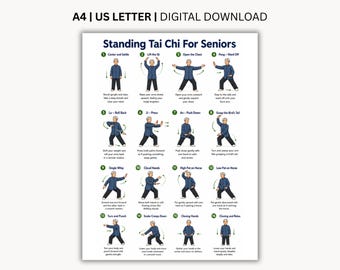 Może przedstawiać: Cyfrowy plakat zatytułowany Standing Tai Chi For Seniors zawierający szesnaście numerowanych ilustracji osoby w niebieskiej koszuli i czarnych spodniach wykonującej różne ruchy wraz z opisowymi instrukcjami dla każdej pozycji.