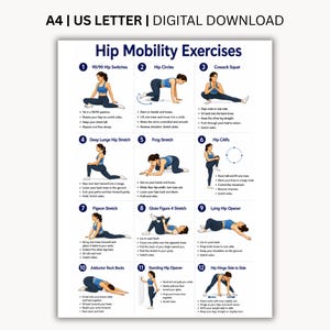 Puede incluir: Un póster de descarga digital titulado Hip Mobility Exercises que presenta doce ilustraciones numeradas de una persona con ropa deportiva azul realizando varios estiramientos y movimientos con texto instructivo para cada ejercicio en formato A4.