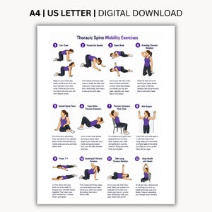 May include: A digital download chart titled Thoracic Spine Mobility Exercises featuring twelve numbered illustrations of a person in purple athletic wear performing various stretches and movements with descriptive text instructions for each exercise.