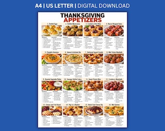 May include: A digital download recipe sheet titled Thanksgiving Appetizers featuring sixteen numbered food items with ingredients and instructions. The document includes images of deviled eggs, stuffed mushrooms, brie bites, and other holiday dishes.
