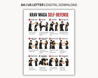 Może przedstawiać: Plakat instruktażowy samoobrony Krav Maga z dwunastoma numerowanymi ilustracjami technik walki. Tekst zawiera A4 | US LETTER | DIGITAL DOWNLOAD oraz KRAV MAGA SELF-DEFENSE, z czarnymi i czerwonymi nagłówkami oraz opisowym tekstem.