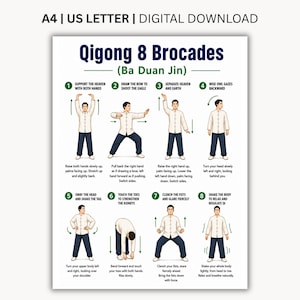 Qigong 8 Brocades Printable PDF, Ba Duan Jin Exercise Chart, Traditional Qigong Routine, Balance Flexibility and Wellness Guide