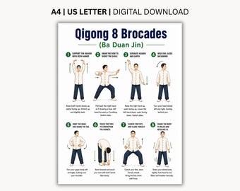 PDF imprimable de 8 brocarts de Qi Gong, tableau d'exercices Ba Duan Jin, routine de qigong traditionnel, guide de l'équilibre, de la souplesse et du bien-être