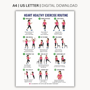 Heart Healthy Exercise Routine Printable PDF | Low Impact Cardio & Fitness Workout | 12 Exercise Positions | A4 and US Letter Size