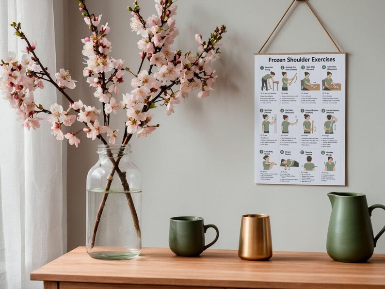 K&ouml;nnte beinhalten: Eine klare Glasvase mit rosa Kirschbl&uuml;tenzweigen, eine matte olivgr&uuml;ne Tasse, ein metallisch goldener Becher und ein matter olivgr&uuml;ner Krug. Ein wei&szlig;es Wandplakat mit dem Titel Frozen Shoulder Exercises zeigt zw&ouml;lf illustrierte physiotherapeutische &Uuml;bungen.