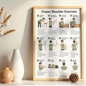 K&ouml;nnte beinhalten: Ein gerahmtes Lehrplakat mit dem Titel Frozen Shoulder Exercises, das zw&ouml;lf nummerierte Illustrationen von physiotherapeutischen &Uuml;bungen zeigt. Jeder Abschnitt enth&auml;lt einen beschreibenden Titel, eine Skizze der &Uuml;bung und schriftliche Anleitungen.