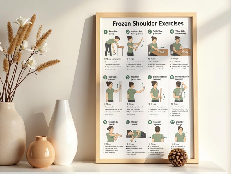 K&ouml;nnte beinhalten: Ein gerahmtes Lehrplakat mit dem Titel Frozen Shoulder Exercises, das zw&ouml;lf nummerierte Illustrationen von physiotherapeutischen &Uuml;bungen zeigt. Jeder Abschnitt enth&auml;lt einen beschreibenden Titel, eine Skizze der &Uuml;bung und schriftliche Anleitungen.