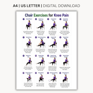 Può includere: Un poster digitale intitolato Chair Exercises for Knee Pain, che presenta sedici illustrazioni numerate di una persona con maglietta viola che esegue esercizi da seduta su una sedia, con istruzioni per ogni movimento e formato A4.
