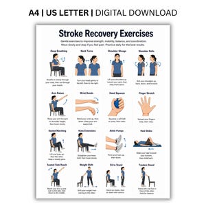 以下が含まれることがあります： 「Stroke Recovery Exercises」と題されたデジタルポスター。深呼吸、首の回転、肩の上げ下げ、腕の上げ下げ、手首の曲げ伸ばし、座った状態でのストレッチなど、16種類の運動手順がイラスト付きで解説されています。
