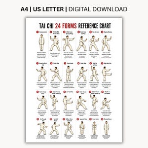 May include: A digital download reference chart titled Tai Chi 24 Forms, featuring twenty-four numbered illustrations of a person in white clothing performing various movements, with descriptive text below each pose and A4 US Letter size labels.