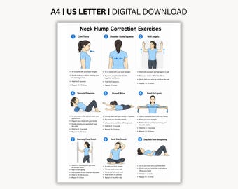 Może przedstawiać: Cyfrowy dokument zatytułowany Neck Hump Correction Exercises, zawierający dziewięć ponumerowanych ilustracji ruchów fizycznych. Każda sekcja przedstawia postać w niebieskiej koszulce wykonującą ćwiczenia, takie jak retrakcja szyi.