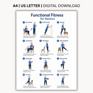 Funktionale Fitness für Senioren Druckbare PDF | Senior Kraft- und Gleichgewichtsübungen | Gesundes Altern Workout Chart | 12 Übungspositionen