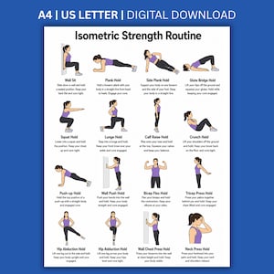 May include: A digital download chart titled Isometric Strength Routine featuring sixteen illustrations of exercises including wall sits, planks, side planks, glute bridges, squats, lunges, calf raises, crunches, push-ups, wall pushes, bicep flexes, and tricep presses.