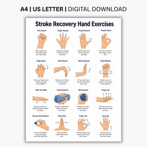 Handövningar för återhämtning efter stroke, utskrivbar PDF, 16 handrehabiliteringsövningar, diagram över fingermobilitet och greppstyrka