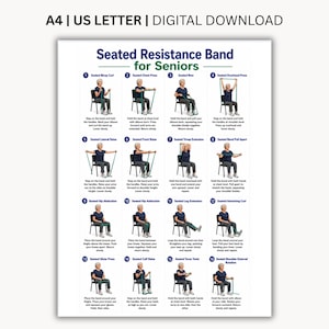 Puede incluir: Una tabla de descarga digital titulada Seated Resistance Band for Seniors, que presenta dieciséis ilustraciones numeradas de una persona realizando ejercicios con una banda de resistencia sentada en una silla, con texto A4 y US Letter arriba.