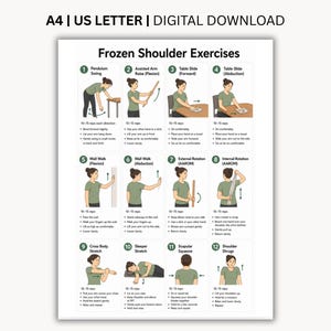 Frozen Shoulder Exercises Printable PDF, Shoulder Mobility Exercise Chart, 12 Stretching & Rehab Exercises, A4 US Letter