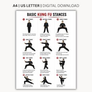May include: A digital poster titled BASIC KUNG FU STANCES featuring twelve numbered illustrations of a person in a black uniform demonstrating various martial arts positions including Wuji, Natural, Horse, Bow, Front, Back, Side, Cross, Empty, Dragon, Snake, and Phoenix.