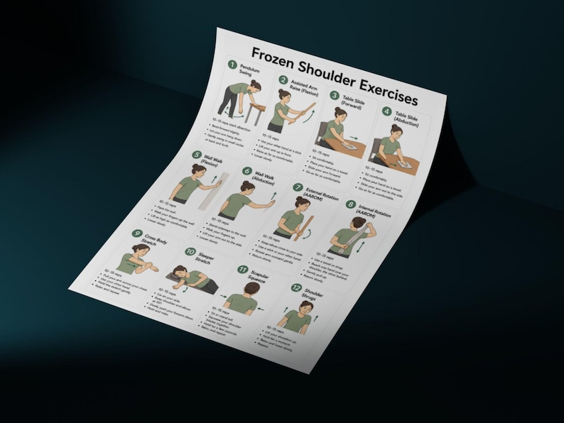K&ouml;nnte beinhalten: Ein wei&szlig;es Informationsposter mit dem Titel Frozen Shoulder Exercises, das zw&ouml;lf nummerierte Illustrationen einer Person in einem gr&uuml;nen T-Shirt zeigt, die physiotherapeutische &Uuml;bungen mit Textbeschreibungen und Wiederholungszahlen ausf&uuml;hrt.
