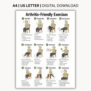 Artritisvriendelijke oefeningen afdrukbare pdf, oefenschema gewrichtsmobiliteit, 12 zachte oefeningen met lage impact voor senioren, directe download