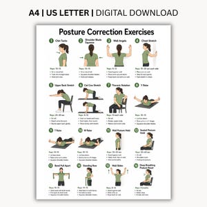 Peut inclure: Une affiche numérique intitulée Posture Correction Exercises présentant seize illustrations numérotées d'une personne en t-shirt vert effectuant divers mouvements, comme des rentrés de menton, des anges muraux et des étirements avec des instructions.