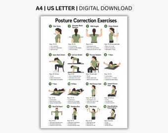 Puede incluir: Un póster de descarga digital titulado Posture Correction Exercises que presenta dieciséis ilustraciones numeradas de una persona con camiseta verde realizando varios movimientos, incluyendo retracciones de barbilla, ángeles de pared y estiramientos.