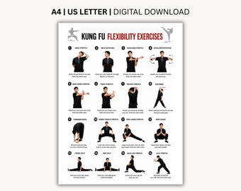 Może przedstawiać: Plakat do pobrania w formie cyfrowej zatytułowany KUNG FU FLEXIBILITY EXERCISES, dostępny w formatach A4 i US Letter. Zawiera szesnaście ponumerowanych ilustracji osoby w czarnym mundurze prezentującej różne ćwiczenia rozciągające i pozy.