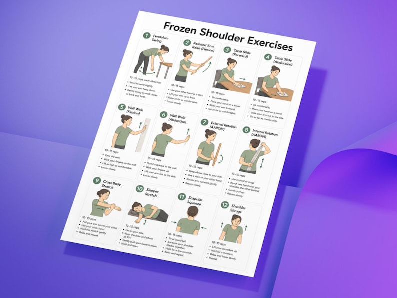 K&ouml;nnte beinhalten: Ein wei&szlig;es Anleitungsblatt mit dem Titel Frozen Shoulder Exercises, das zw&ouml;lf nummerierte Illustrationen einer Person in einem gr&uuml;nen T-Shirt zeigt, die verschiedene physiotherapeutische &Uuml;bungen mit Textbeschreibungen und Wiederholungszahlen ausf&uuml;hrt.