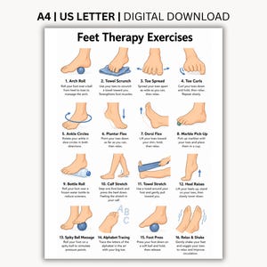 Ejercicios de terapia para los pies (PDF imprimible), 16 ejercicios de rehabilitación, tabla de ejercicios de movilidad, estiramiento y fortalecimiento del pie, tamaños A4 y carta estadounidense.
