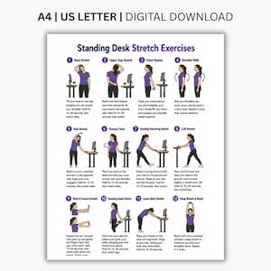 Standing Desk Stretch Exercises Printable | Office Stretching Routine PDF | Workplace Mobility & Posture Exercise Chart | 12 Exercises