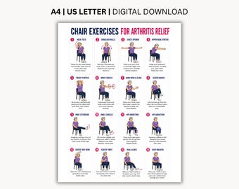 Może przedstawiać: Cyfrowy plakat zatytułowany CHAIR EXERCISES FOR ARTHRITIS RELIEF zawierający szesnaście numerowanych ilustracji osoby w fioletowej koszulce i niebieskich spodniach wykonującej ćwiczenia siedzące na krześle, wraz z instrukcjami tekstowymi dla każdego ćwiczenia.