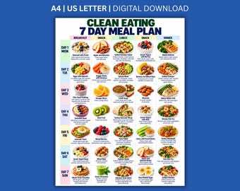 Może przedstawiać: Cyfrowy plan posiłków zatytułowany Clean Eating 7 Day Meal Plan. Siatka przedstawia siedem dni tygodnia z kolumnami na śniadanie, przekąskę, lunch, przekąskę i kolację, zawierając kolorowe zdjęcia żywności oraz opisy tekstowe.