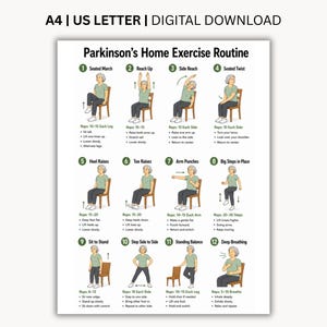 Peut inclure: Un document numérique intitulé Parkinson's Home Exercise Routine, présentant douze illustrations numérotées d'une personne en t-shirt vert effectuant des exercices assis et debout avec des instructions textuelles pour chaque mouvement sur A4 ou US Letter.