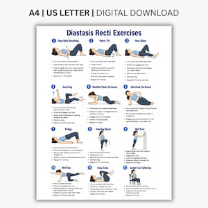 May include: A digital download chart titled Diastasis Recti Exercises featuring twelve numbered illustrations of a person performing various physical movements. The text includes instructions for deep belly breathing, pelvic tilts, and other core exercises.