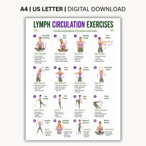 Op de afbeelding: Een digitale download-poster getiteld Lymph Circulation Exercises met zestien genummerde illustraties van een persoon in paarse sportkleding die verschillende bewegingen uitvoert, inclusief instructies voor elke oefening op een A4- of US Letter-pagina.