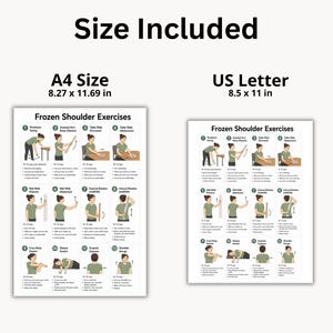 K&ouml;nnte beinhalten: Zwei wei&szlig;e Informationstafeln mit dem Titel Frozen Shoulder Exercises, die dreizehn nummerierte Illustrationen von Physiotherapie&uuml;bungen zeigen. Die linke Tafel ist im A4-Format (21,0 x 29,7 cm) und die rechte im US-Letter-Format (21,6 x 27,9 cm).